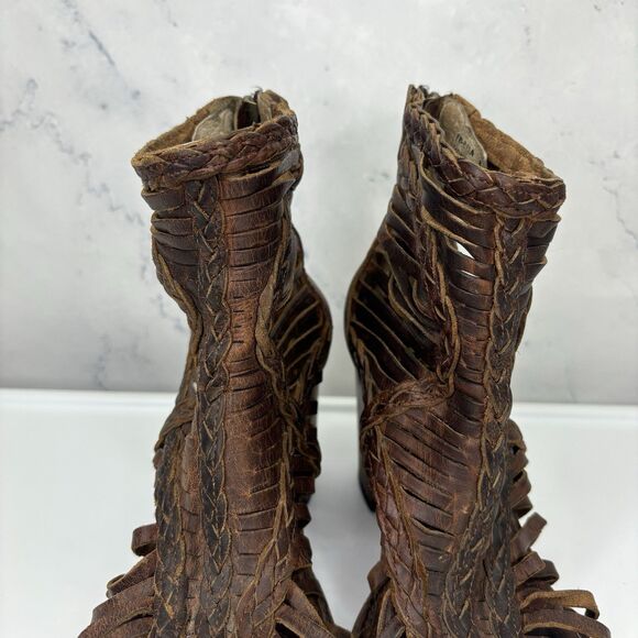 Freebird Booties Heel Bela braided laser cut brown leather Sz 8 Boho Westen - Picture 7 of 16